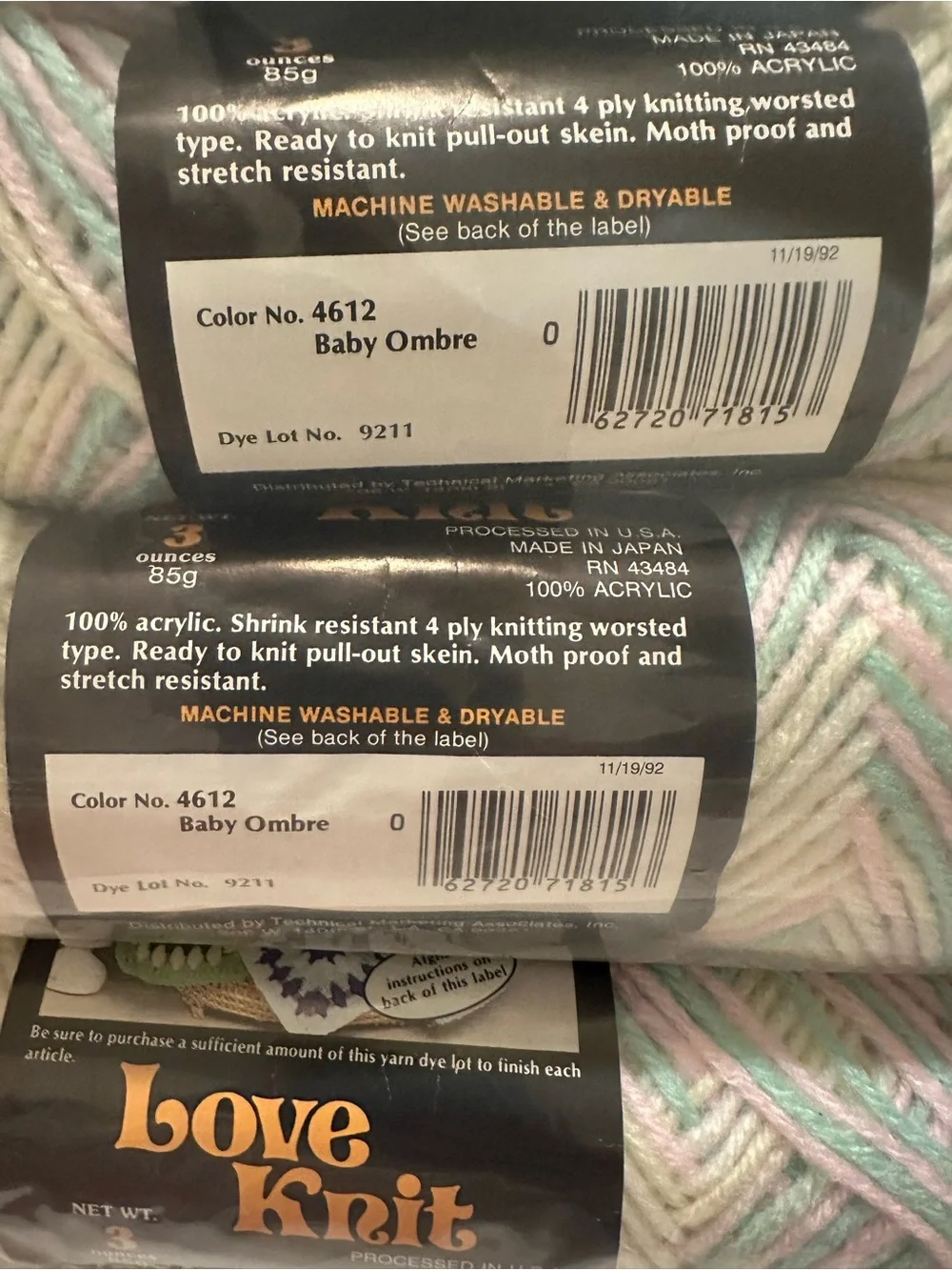 Lot of 7 Vintage Vonnel Love Knit Luxury Yarn Baby Ombre 4612 Same Dye Lot 9211